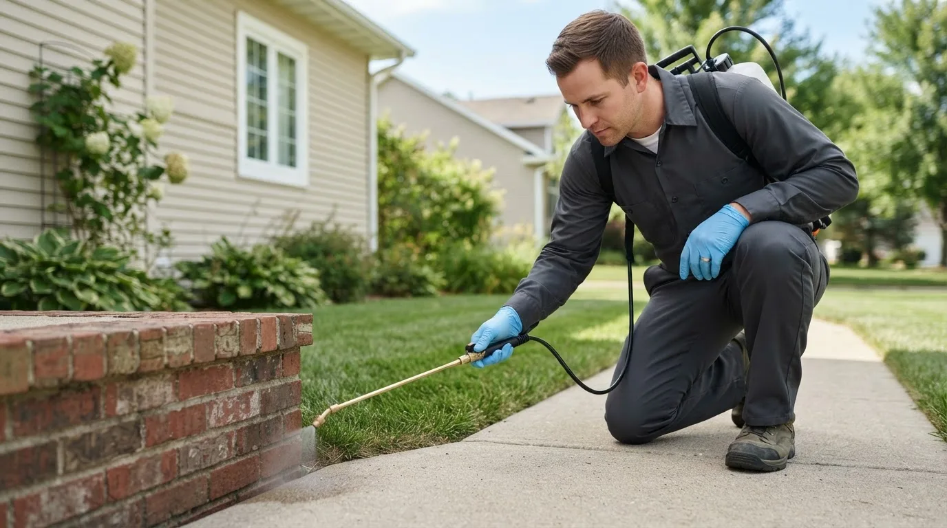 Pest control technician treating a home near Coppell, TX